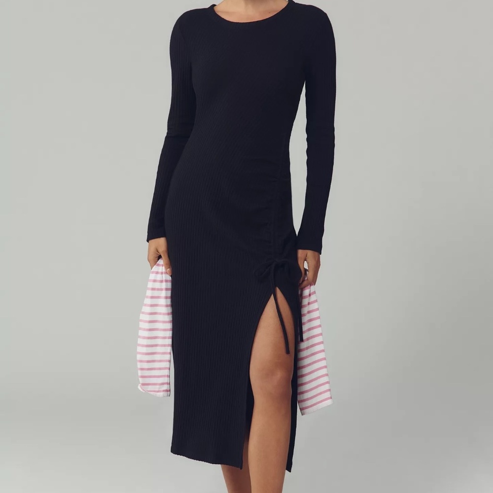 Anthropologie Daily Practice Long-Sleeve Maxi Dress Ribbed Black Casual Fit NWT